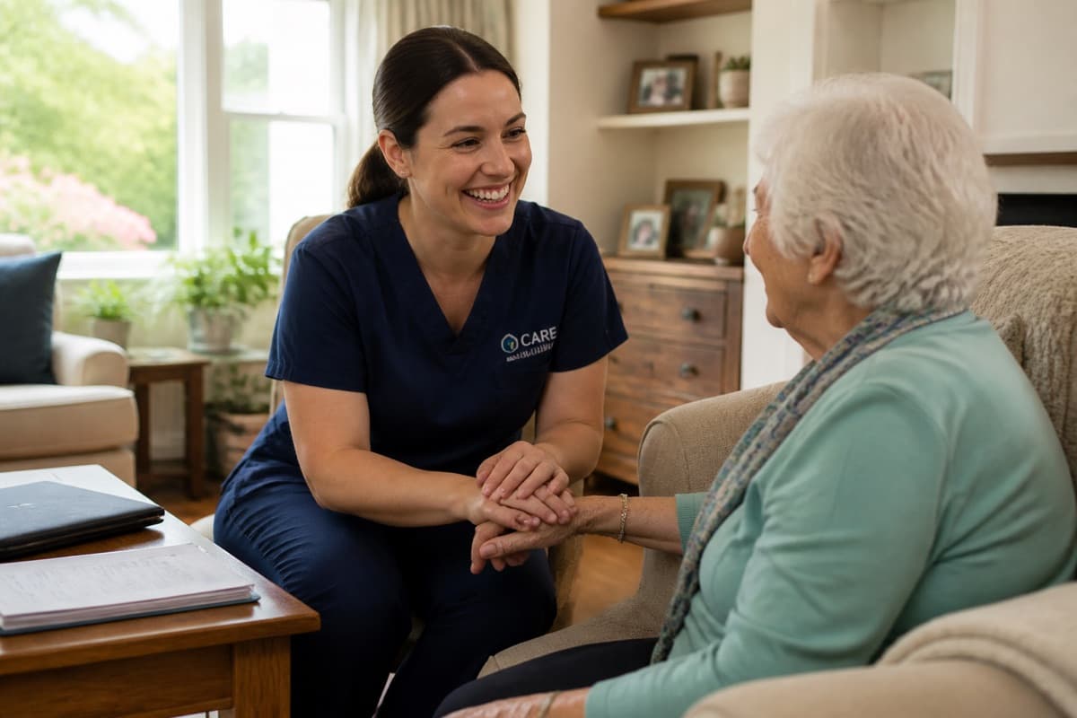 Caregiver holding a client's hand with paperwork set aside