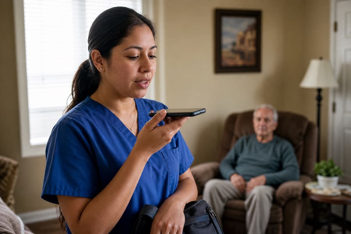 Adult child smiling while reading an update on a phone at home