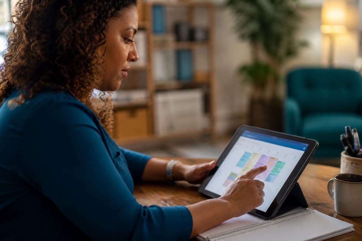 Agency coordinator reviewing a caregiver schedule on a tablet