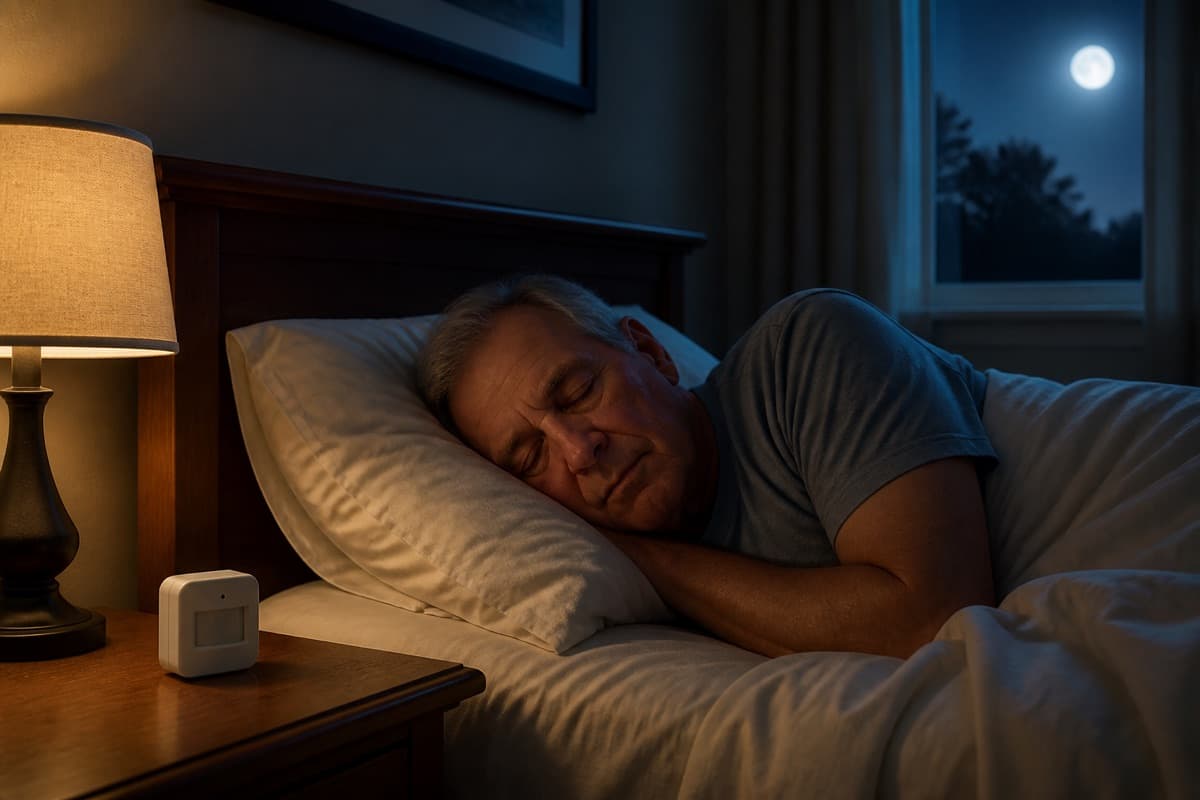 Caregiver looking calmly at a phone with an older adult resting nearby