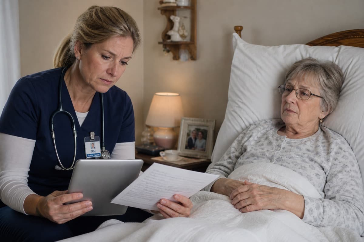 Caregiver reviewing a care plan on a tablet at a client's home
