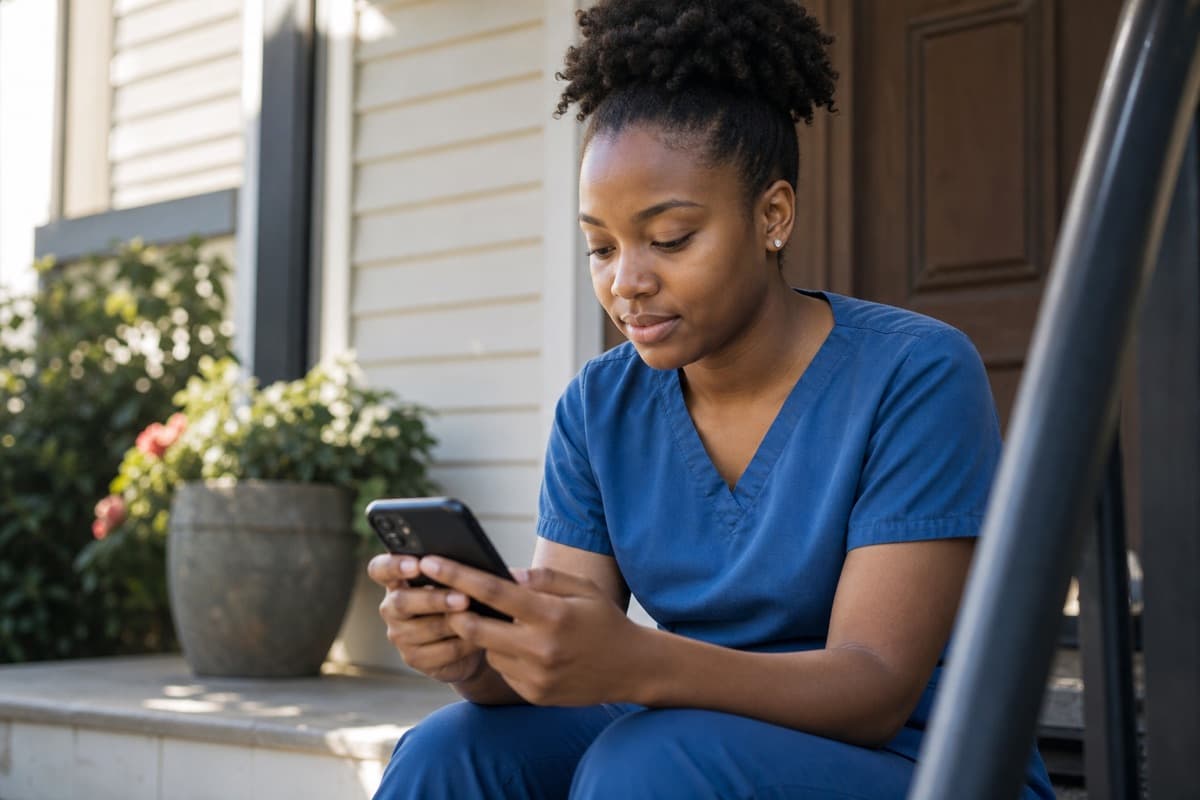Direct care worker reviewing a short training lesson on a phone